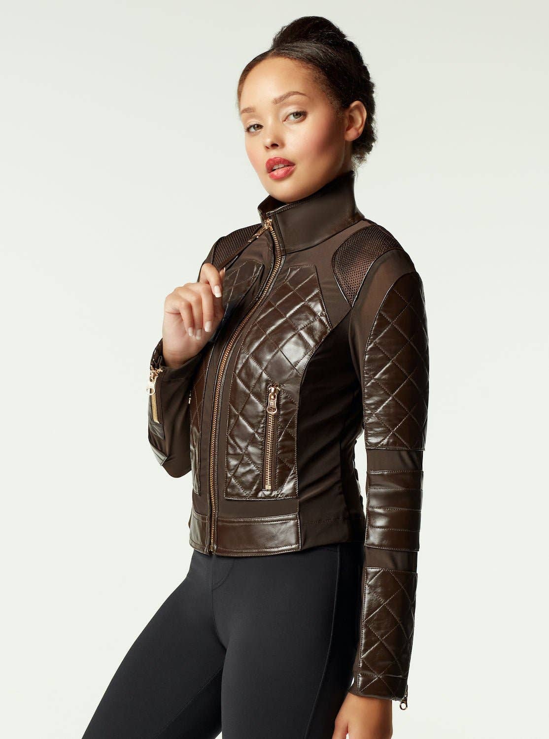 Java Leather Moto Mesh Jacket - Brown/Gold Trims for wholesale on Faire2