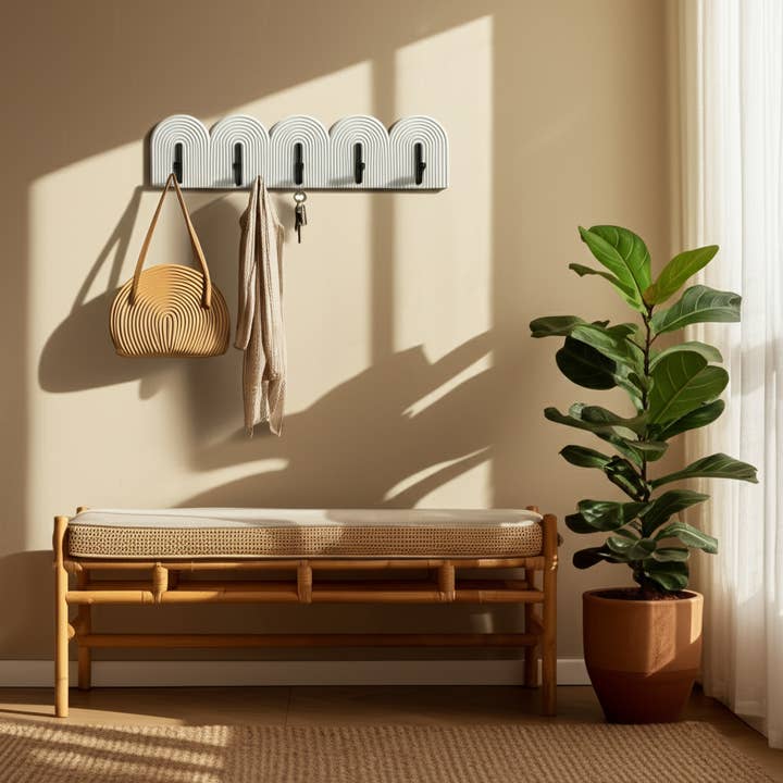 Wood Ribbed Arch Wall Shelf with Five Hooks - White, 24 in. for wholesale by Sagebrook Home