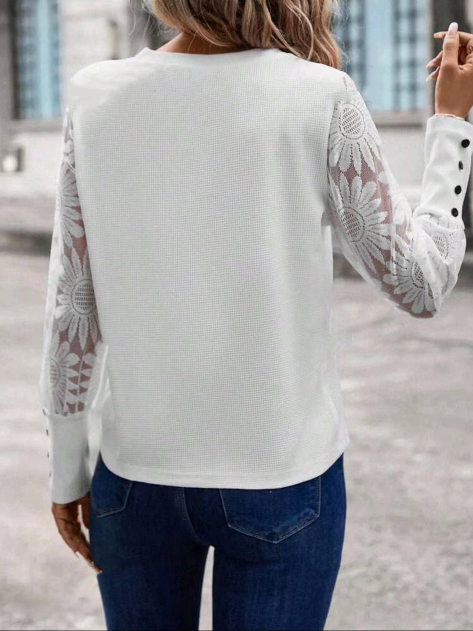 Wholesalesir - Wholesale Blouse - Women's - Waffle Button Patchwork Lace Top7