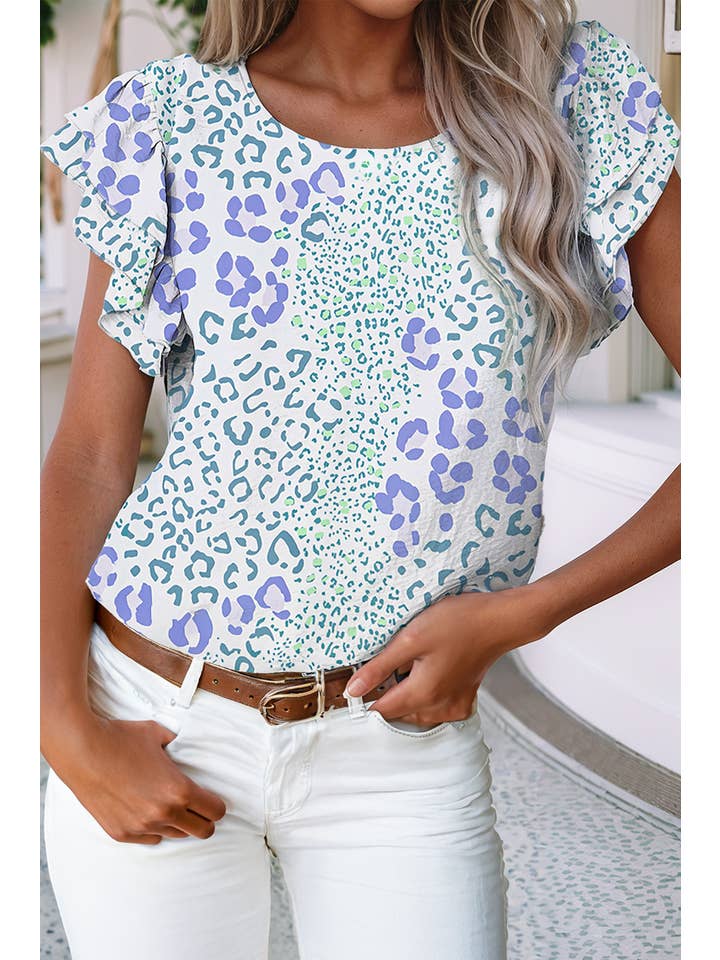 Sky Blue LDC Leopard Layered Ruffle Short Sleeve Casual Blouse for wholesale on Faire