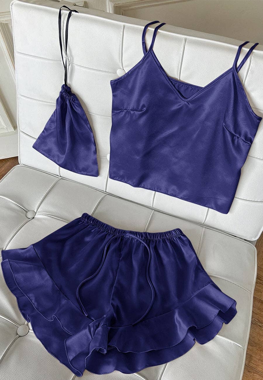 Anna Kaci Wholesale - Wholesale Lounge Set - Women's - Satin Tank and Ruffle Hem Shorts16