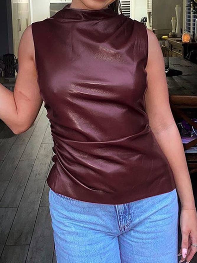 Vanlig tratt Ärmlös snygg lädertopp ZK1023 för wholesale av UNISHE