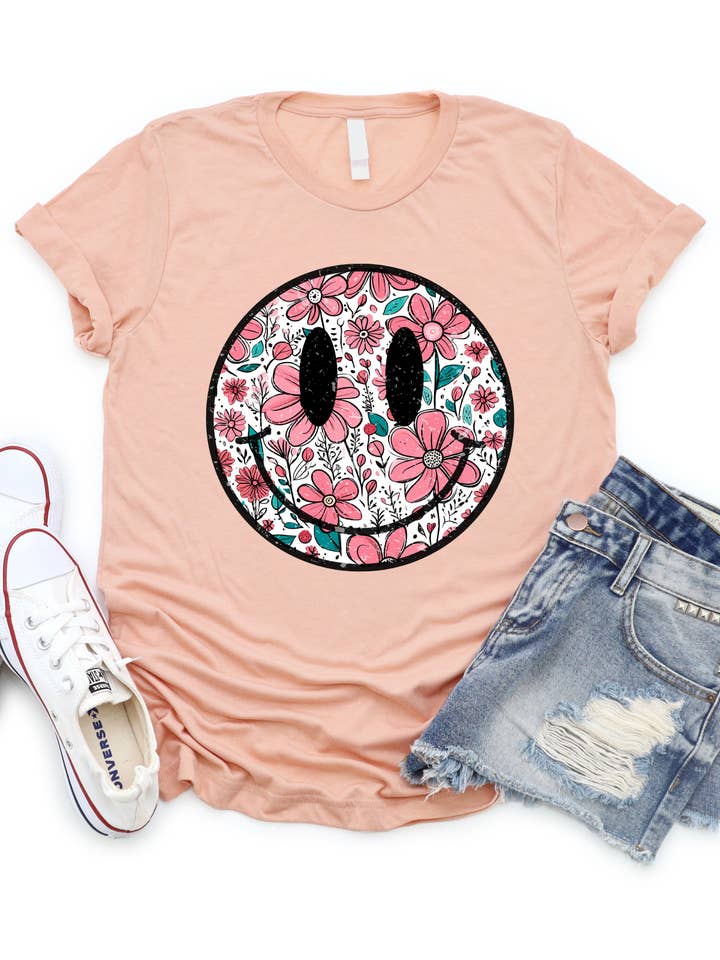 Floral Smiley - T-shirt met grafische print voor wholesale door Tickled Teal