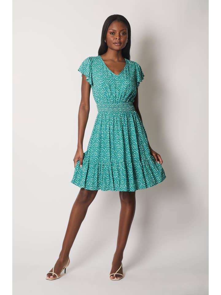 SOLO – Vestido - Mulher por atacado – Vestido Floral com Mangas Flutuantes e Cintura Franzida - Verde