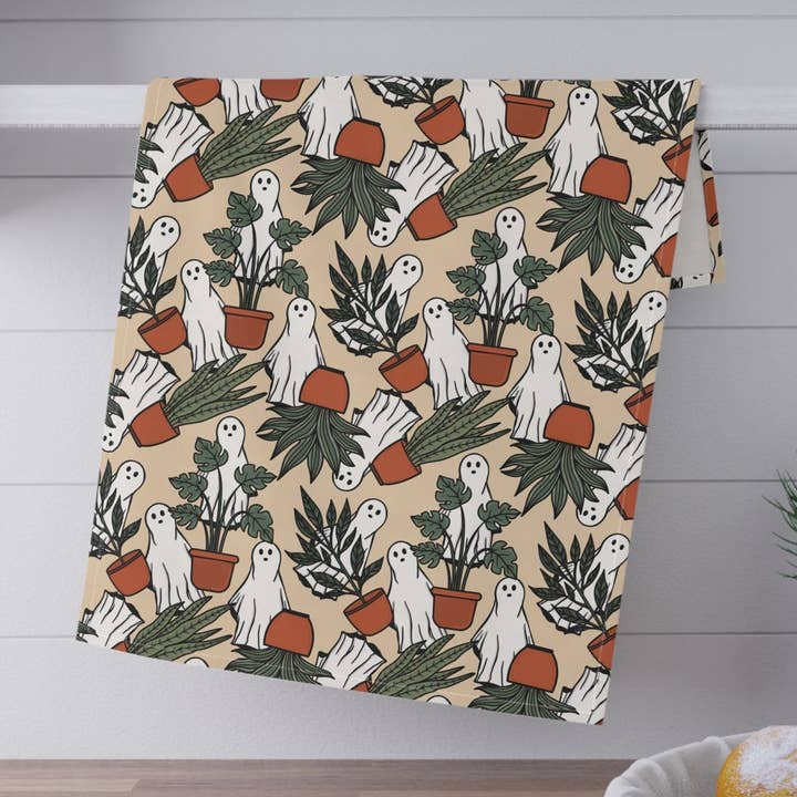 Ghosts and potted plants Tea Towels for Halloween season or spooky vibe. Gift for plant lovers and Halloween lovers. for wholesale by Ficus and Plants LLC