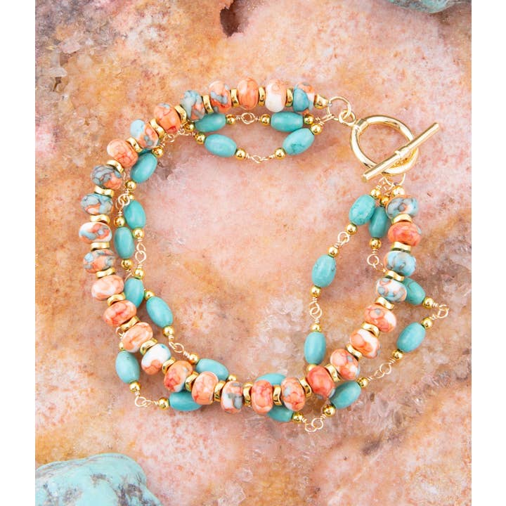 Barse Jewelry - Wholesale Jewelry Set - Canyon Blue and Orange Magnesite Golden Toggle Bracelet