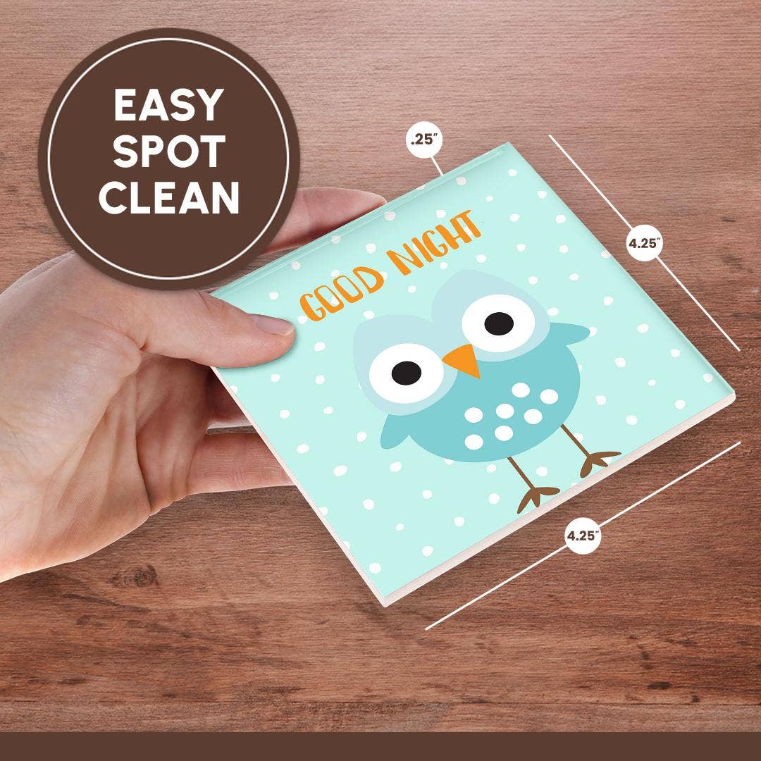 3dRose – wholesale Coasters – 3dRose, Cute Baby Woodland Owl Bird Typography On Blue Polkadots - Good Night, Coaster6