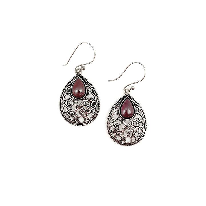 Tanvi Silver-Plated and Garnet Earrings - Filigree Teardrop for wholesale by Anju Jewelry