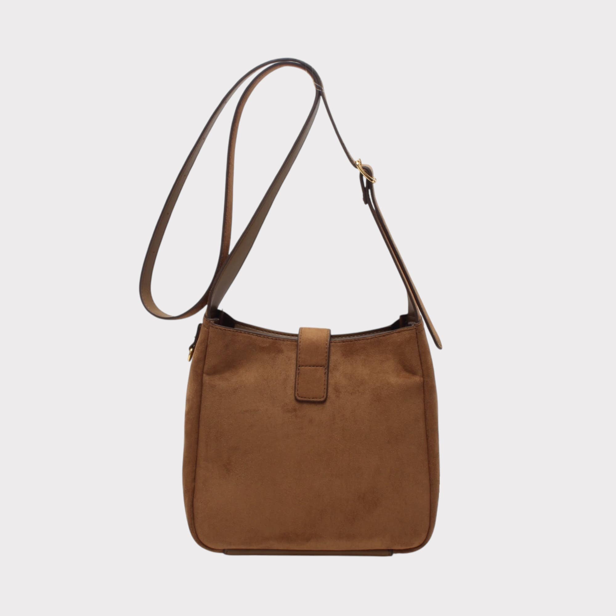 BESTINI – wholesale Axelremsväska – Dam – Axelremsväska, hinkformat, med guldfärgat spänne, mocka2