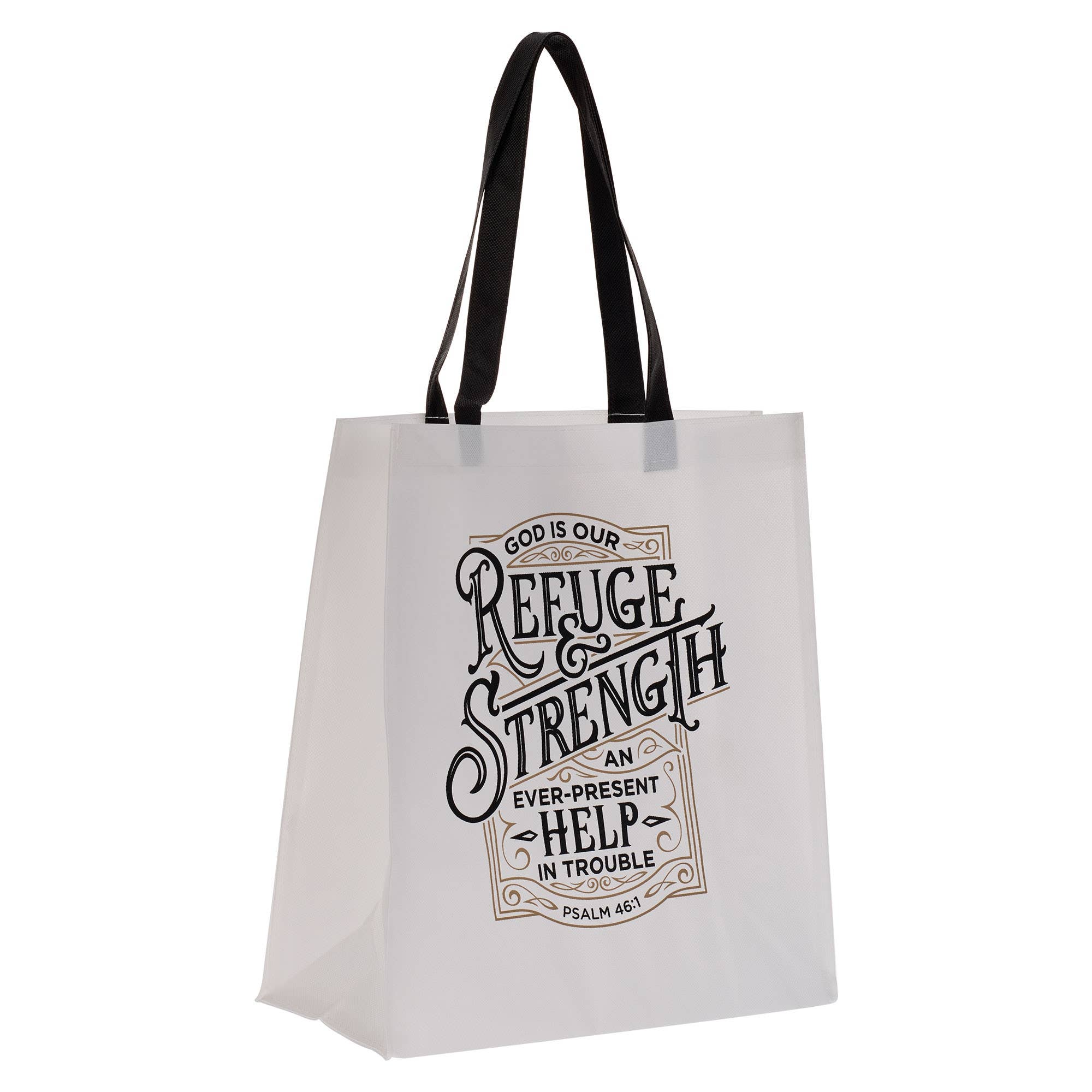 Christian Art Gifts - Wholesale Tote Bag - Unisex - Tote White/Black Refuge & Strength Ps. 46:12