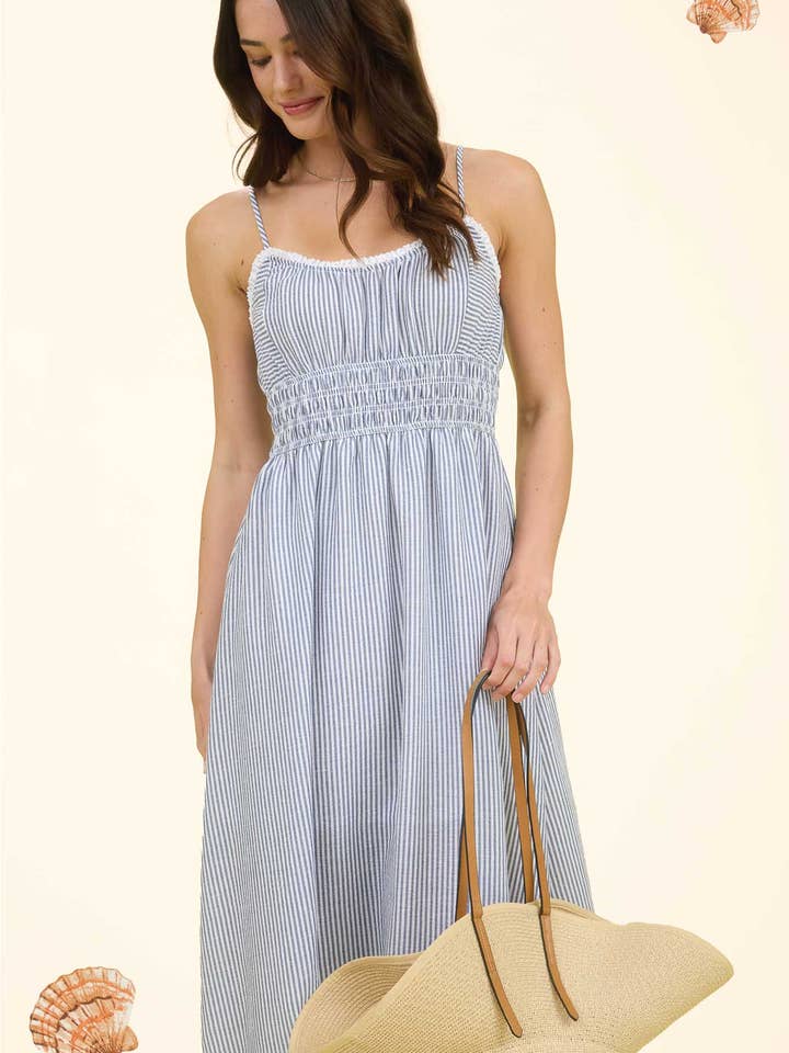 Blu Pepper - Wholesale Dress - Women's - STRIPE LACE TRIM SPAGHETTI STRAP MIDI DRESS
