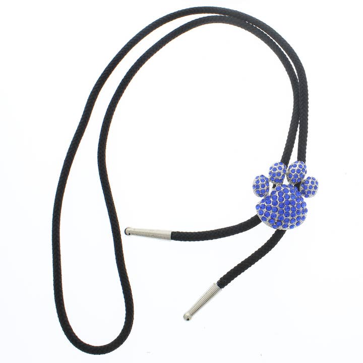 HHH Designs - Wholesale Y-Neck/Lariat Necklace - Blue Rhinestone Paw Print Bolo Tie, made in USA, each