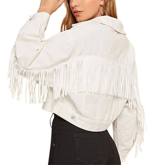 Women's White Fringe Cropped Denim Jacket for wholesale on Faire8