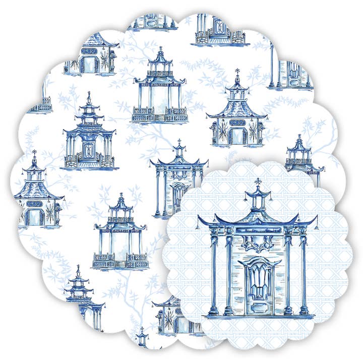 Set centrini blu decorati a mano con motivo pagoda per la vendita all'ingrosso da parte di RosanneBeck Collections