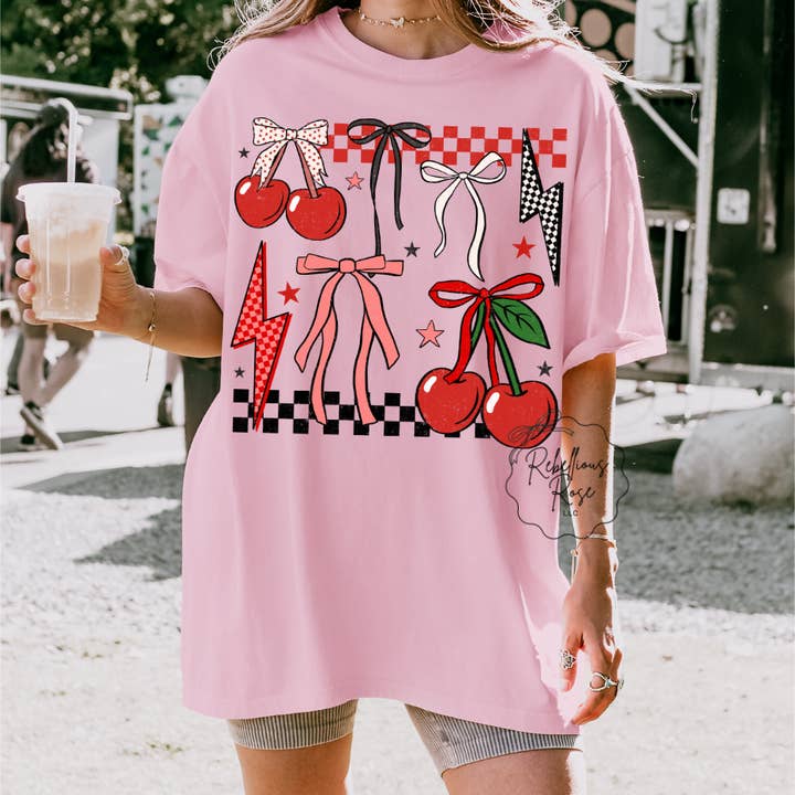 T-shirt graphique de la Saint-Valentin avec nœuds de cerise pour la vente par Rebellious Rose LLC