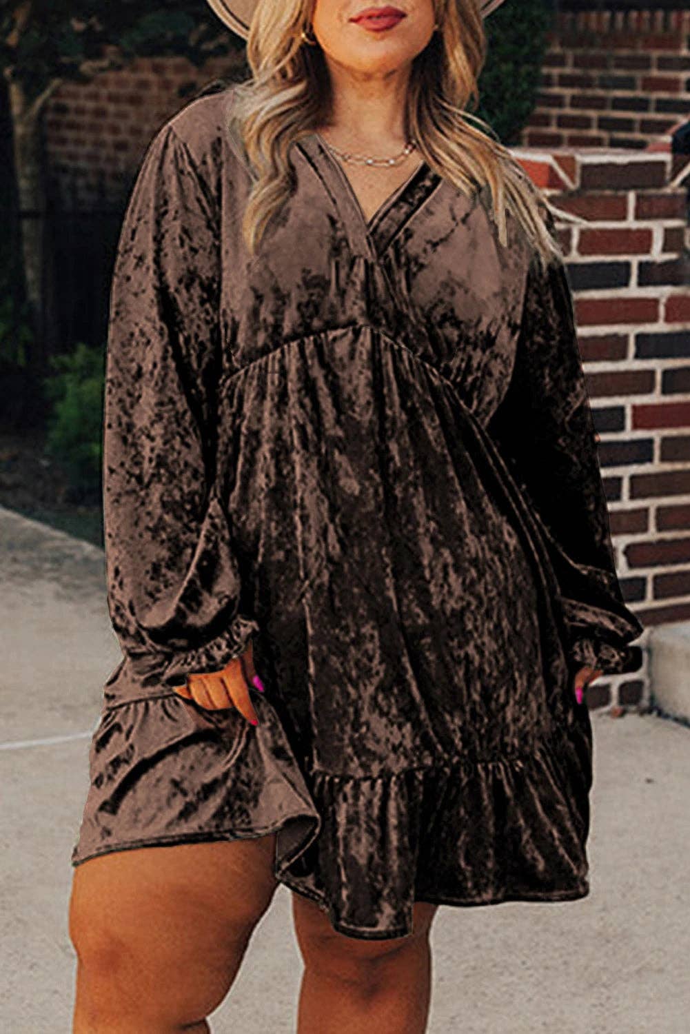 Lovesoft - Wholesale Dress - Women's - Coffee Plus Size Velvet Babydoll Mini Dress with Puff Sleeve