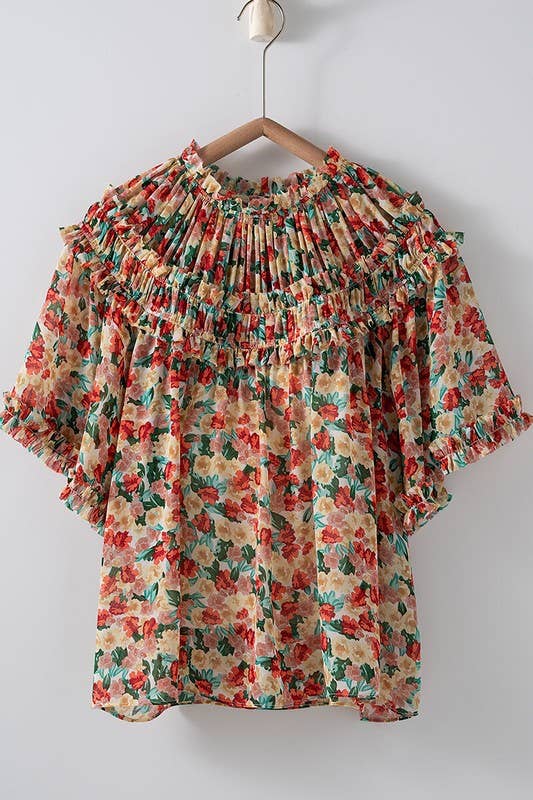 CORAL GREEN Aurora of Ruffle Short Sleeve Blouse for wholesale on Faire9