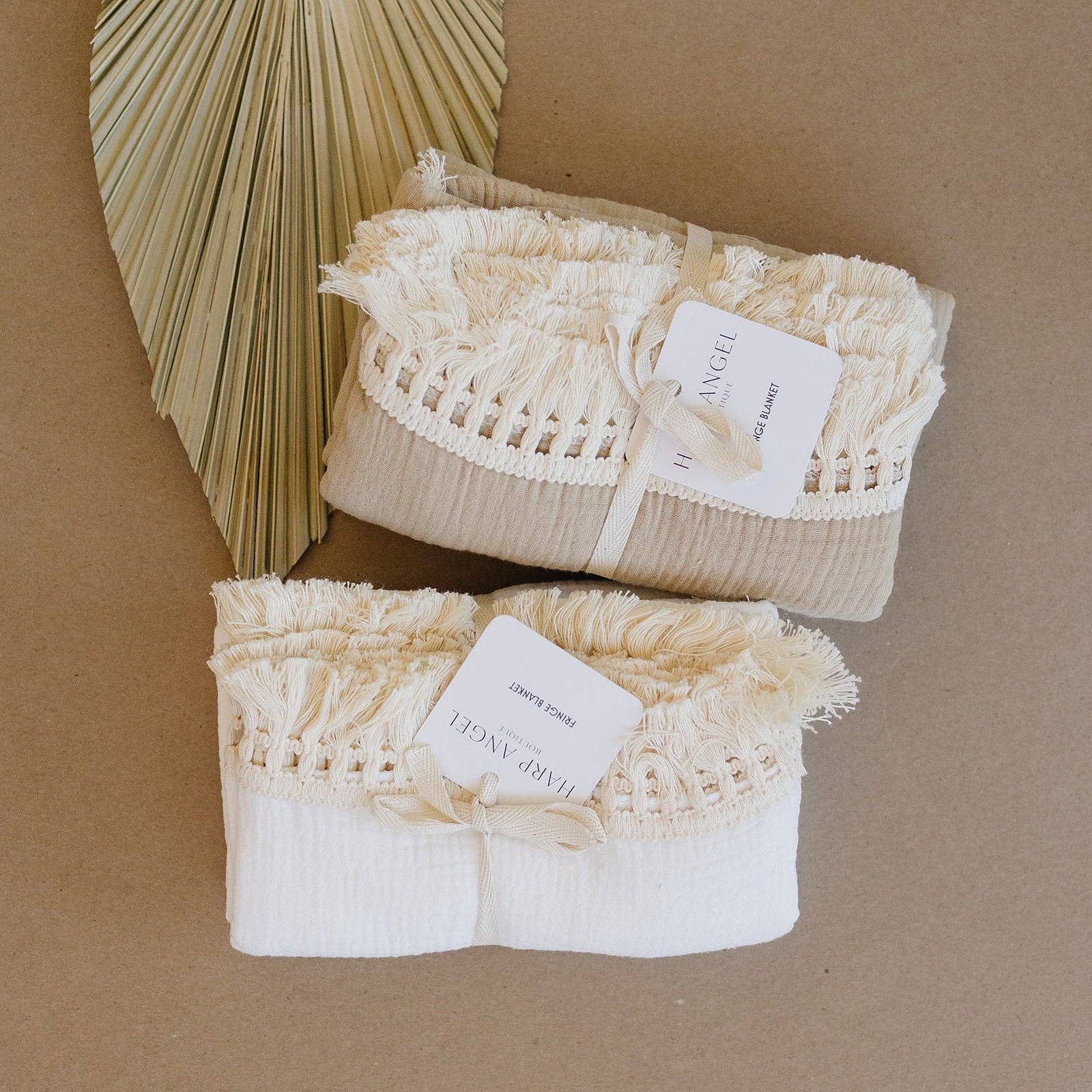 Harp Angel Boutique - Wholesale Swaddle - Baby - Fringe Swaddle Blanket - Tan1