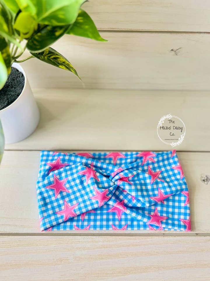Blue Gingham Pink Star Front Knot Headband for wholesale by The Hazel Daisy Co