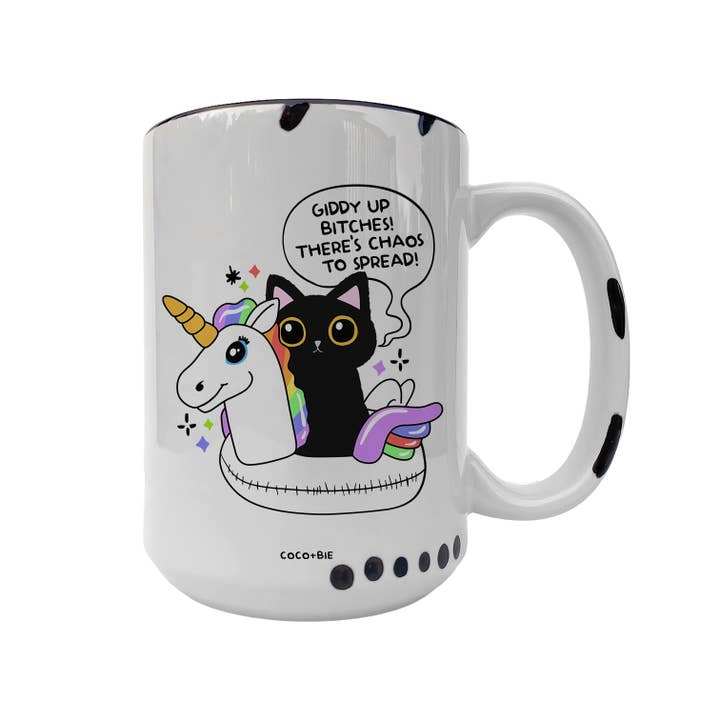 coco+bie designs - Vendita all'ingrosso Tazza - Giddy Up Bitches - Divertente tazza, gatto nero, unicorno, sarcastico