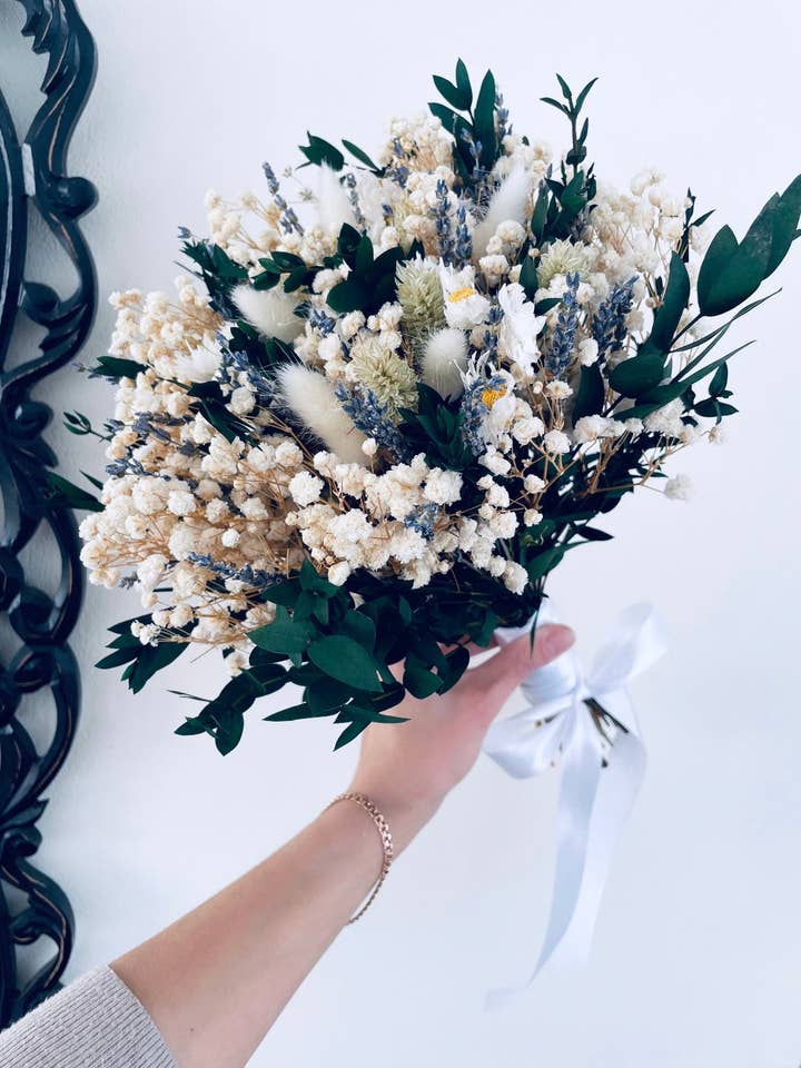 Rustic Dried Baby’s Breath Eucalyptus Bridal Bouquet – Gypsophila Wedding Flowers, Bridesmaid Bouquet, Boho Dried Flower Arrangement for wholesale by DemiVi Style