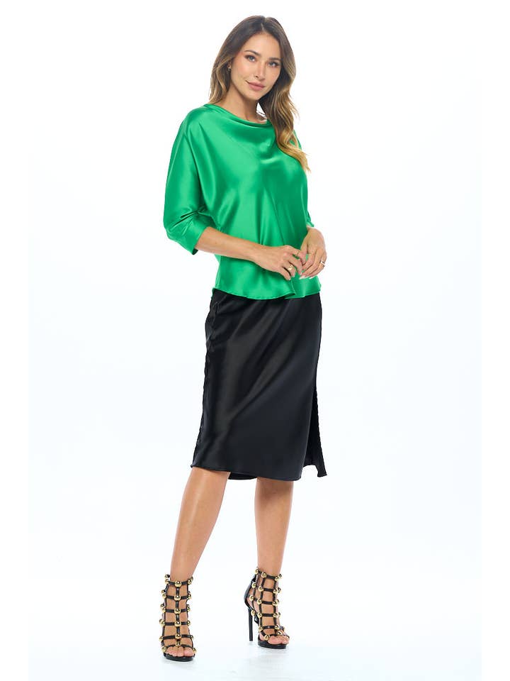 GREEN Made in USA Satin Vibrant Cowl neck 3/4 Sleeve Top for wholesale on Faire5