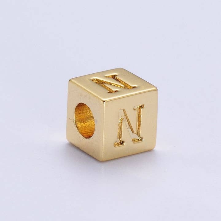 Aim Eternal - Wholesale Individual Charm/Pendant - Gold Initial Letter Alphabet 6.2mm Block Beads Charm Connector For Jewelry Making Component Supply A-A1145-A-A115713