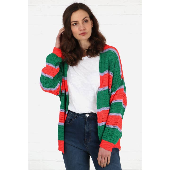 Cotton Open Knit Cardigan - Green/Orange, Striped for wholesale by Sarta