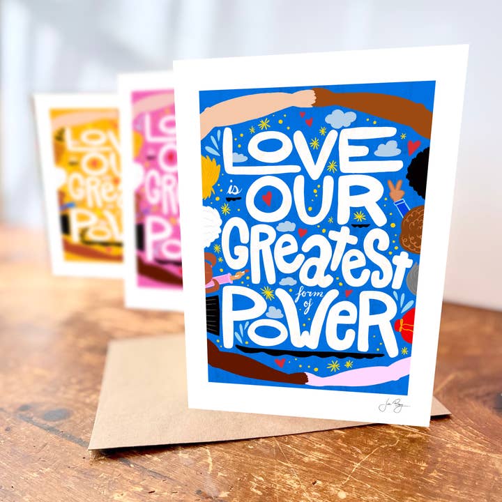 "Love is Power" Hand-Drawn Eco-Greeting Cards for wholesale by UpRoot Design Studio