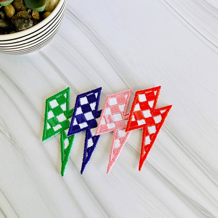 Checkered lightning bolt embroidered hat patch for wholesale by R & R Stitched