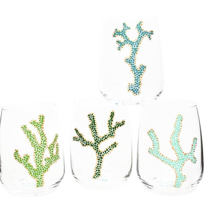Sea Coral Stemless Hand Painted Wine Glasses S/4, Sea Green for wholesale by REUVEN Designs