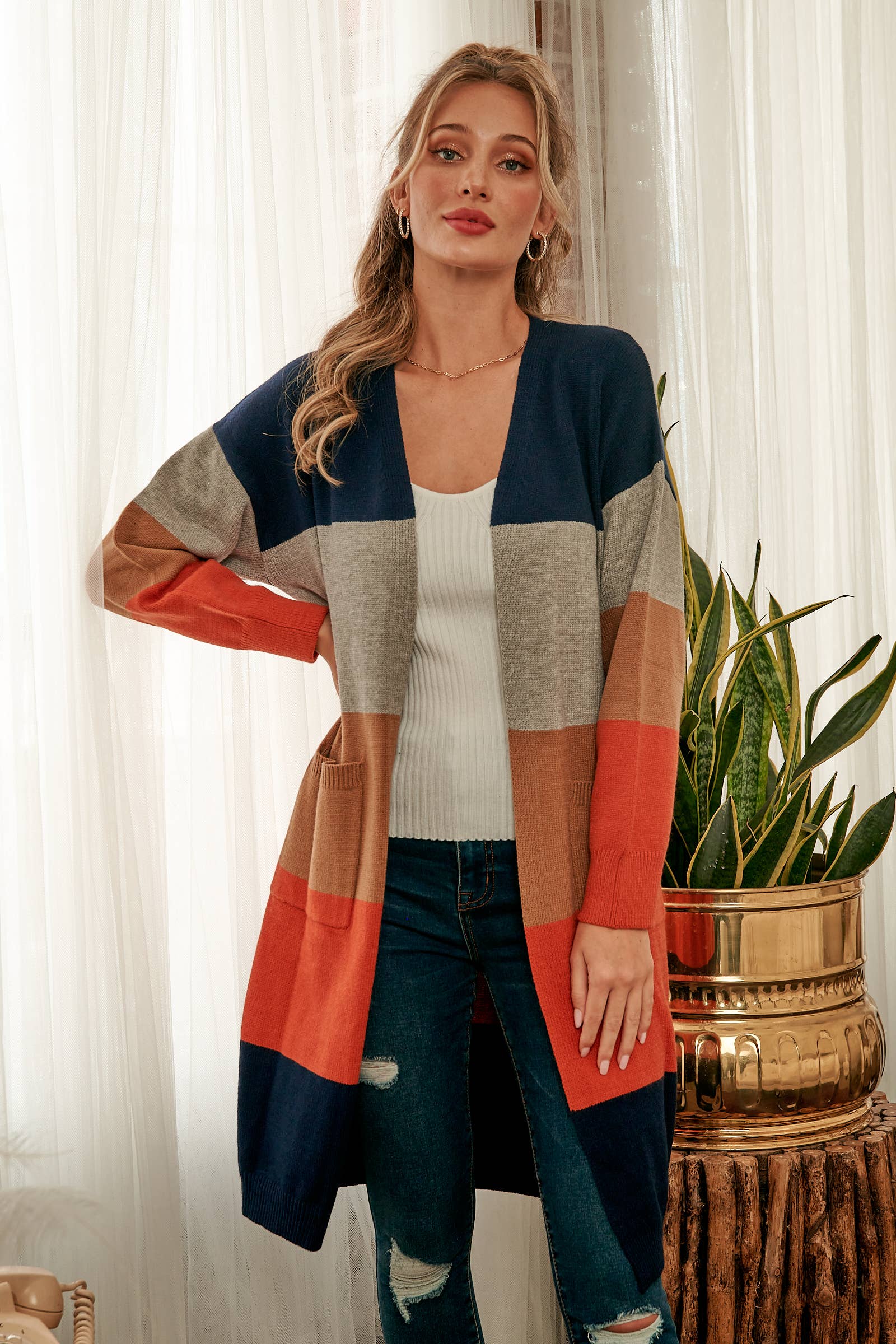 Nicabel - Wholesale Cardigan - Women's - Color-blocked midi-length sweater cardigan-SW60581