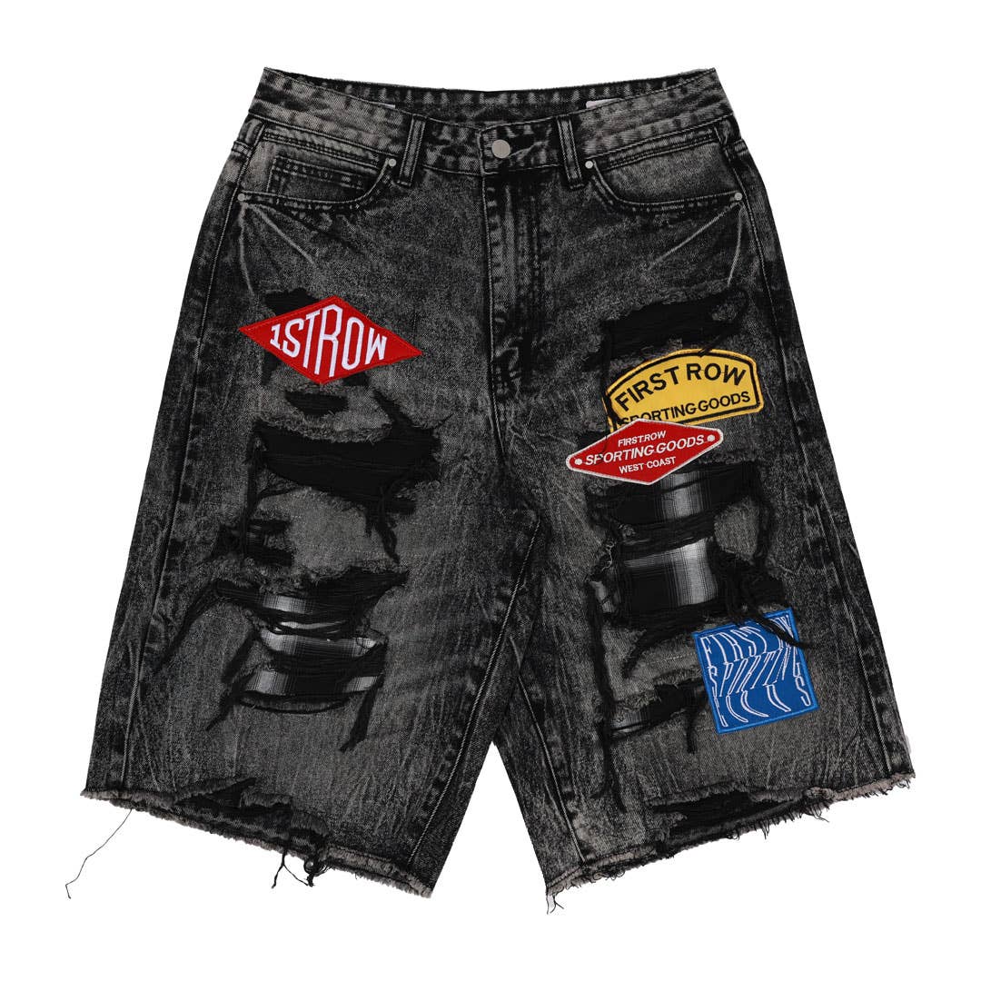 Black Stone PATCHES CUT OFF PLAID DENIM JORTS for wholesale on Faire6