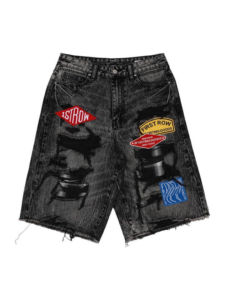 Black Stone PATCHES CUT OFF PLAID DENIM JORTS for wholesale on Faire6