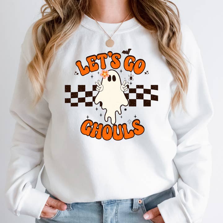 Sudadera con estampado de Halloween, suéter Let's Go Ghouls para venta al por mayor de Sycamore Creek Makers