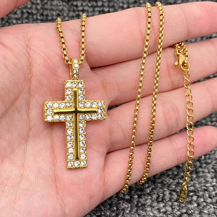 Inlaid CZ 18K Gold Plated S.Steel Cross Charm Necklace - FGS for wholesale by Mio Queena