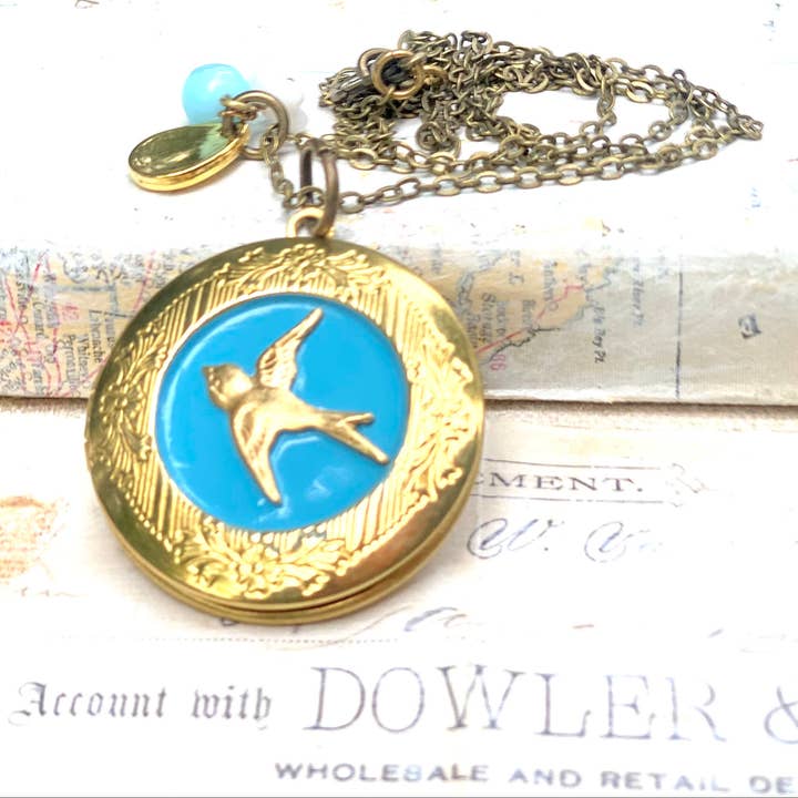 Red Truck Designs - Wholesale Locket Necklace - Bird Locket Gold Light Blue Woodland Charm Locket 22"