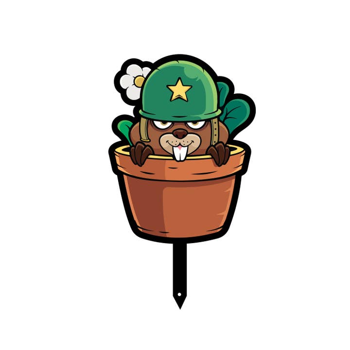Happy Cow Lawn Decor - Wholesale Outdoor Ornament/Decor - "Military Beaver Hiding in Flower Pot" Small Metal Lawn Sign