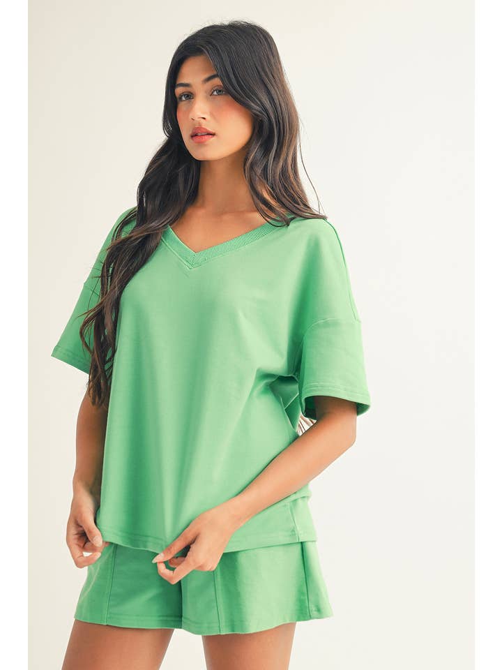 Little Daisy Closet - Wholesale Lounge Set - Women's - LDC V Neck Drop Shoulder Tee and Patchwork Drawstring Shorts