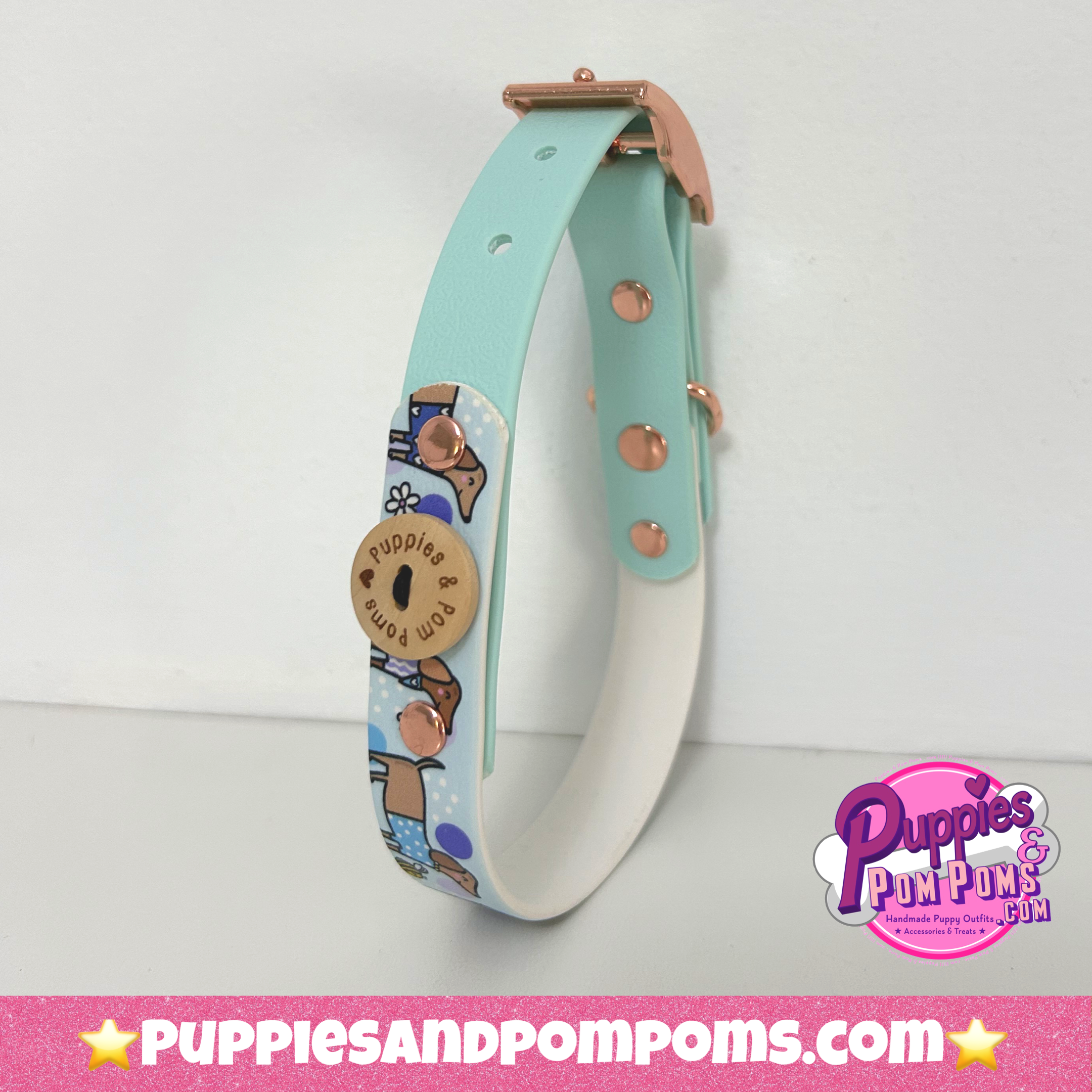 Puppies & Pom Poms - Venta al por mayor Collar - Perros - Collar para perro Bee Happy Dachshunds hecho a mano con biotano, color azul bebé6