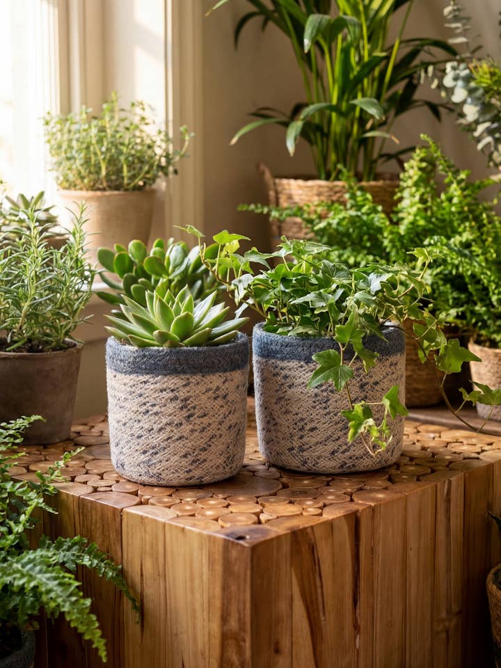 Panier en jute bleu (ensemble de 5) (20 cm, 18 cm, 15 cm, 13 cm, 10 cm) pour la vente par Creation Jute