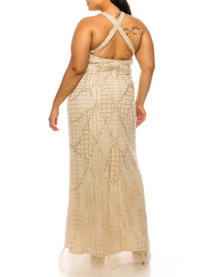 CHAMPAGNE Aidan Mattox Crisscross Back Beaded Evening Gown for wholesale on Faire1