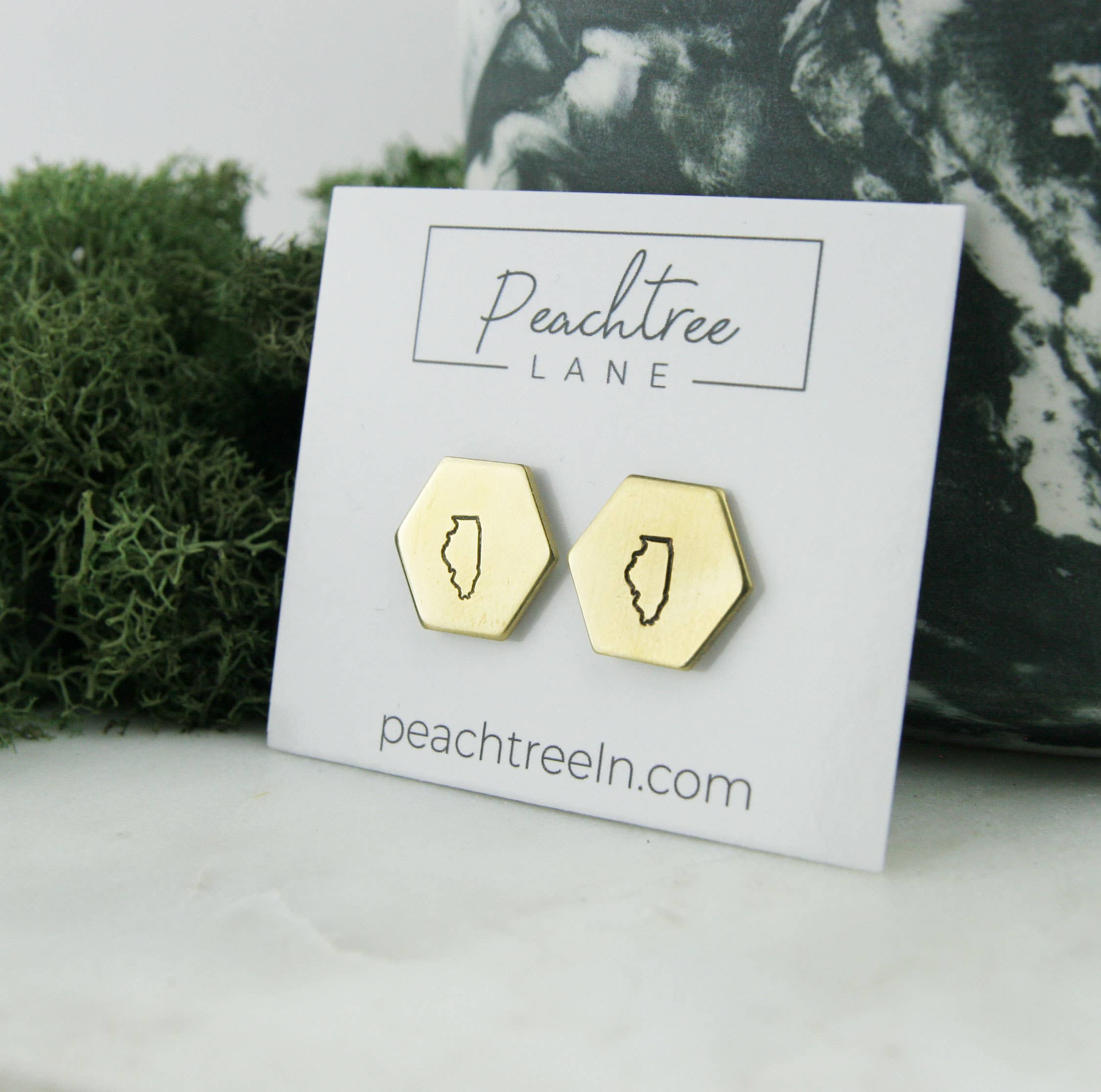 Peachtree Lane Co. - Vendita all'ingrosso Orecchini a bottone - Illinois Stamp State - Orecchini esagonali in ottone0