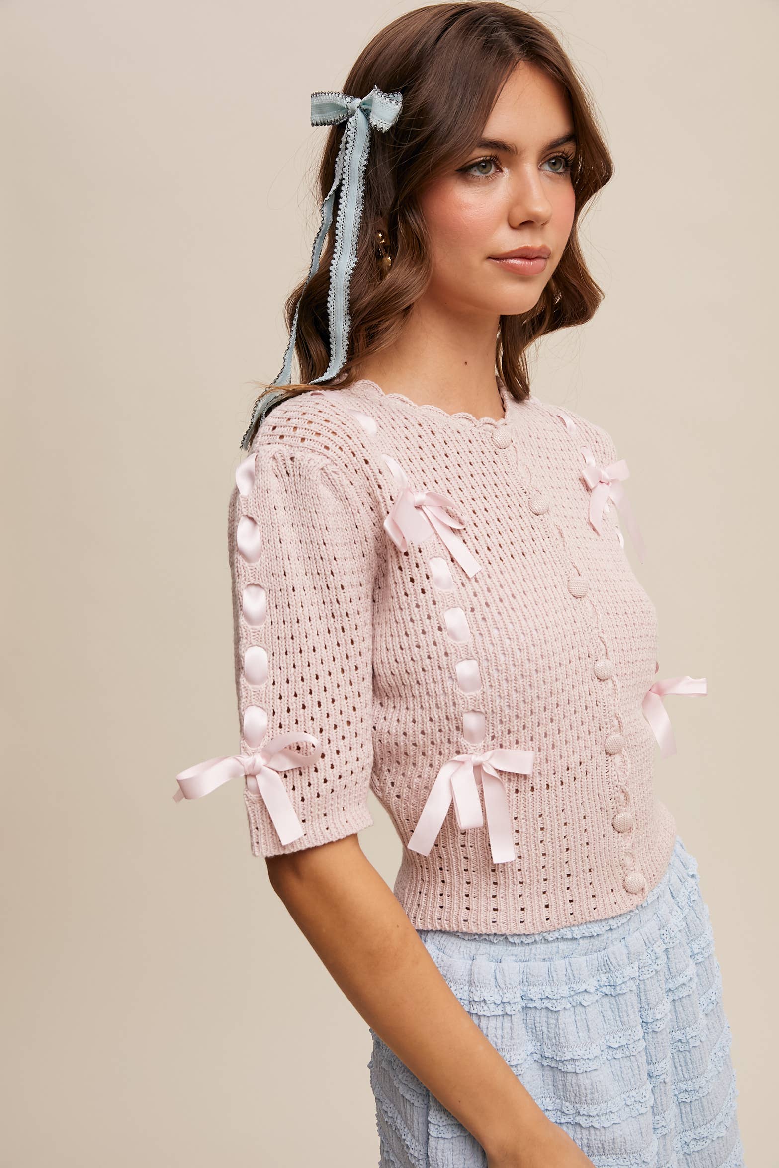 Listicle - Wholesale Cardigan - Women's - Pastel Knit Cardigan with Satin Bow Details15