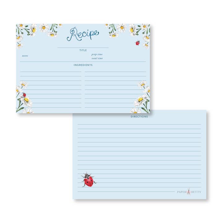 Cartoline per ricette Daisies Blue, carte di ricarica per la vendita all'ingrosso da parte di Paper Betty