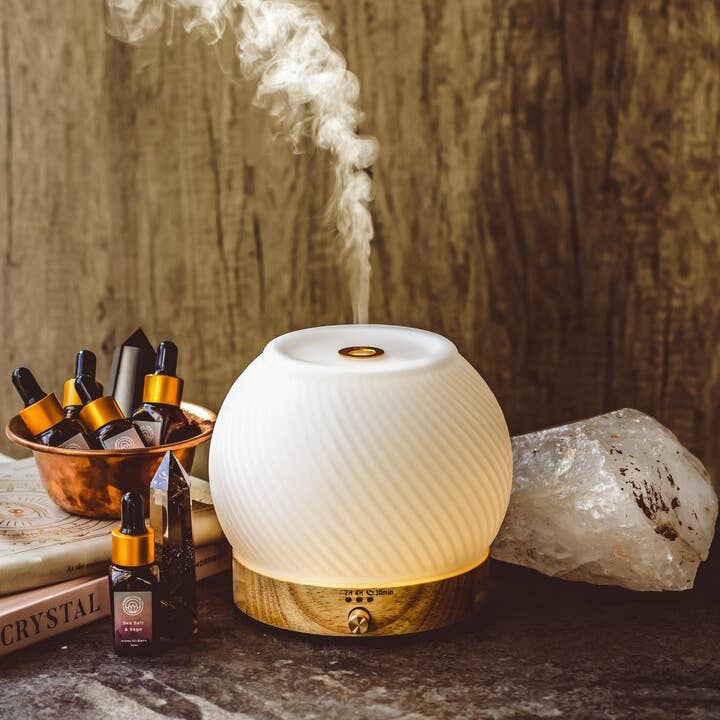 Modern Ultrasonic Mist Diffuser - Textured Glass & Bamboo for wholesale by Mindful Living Co.