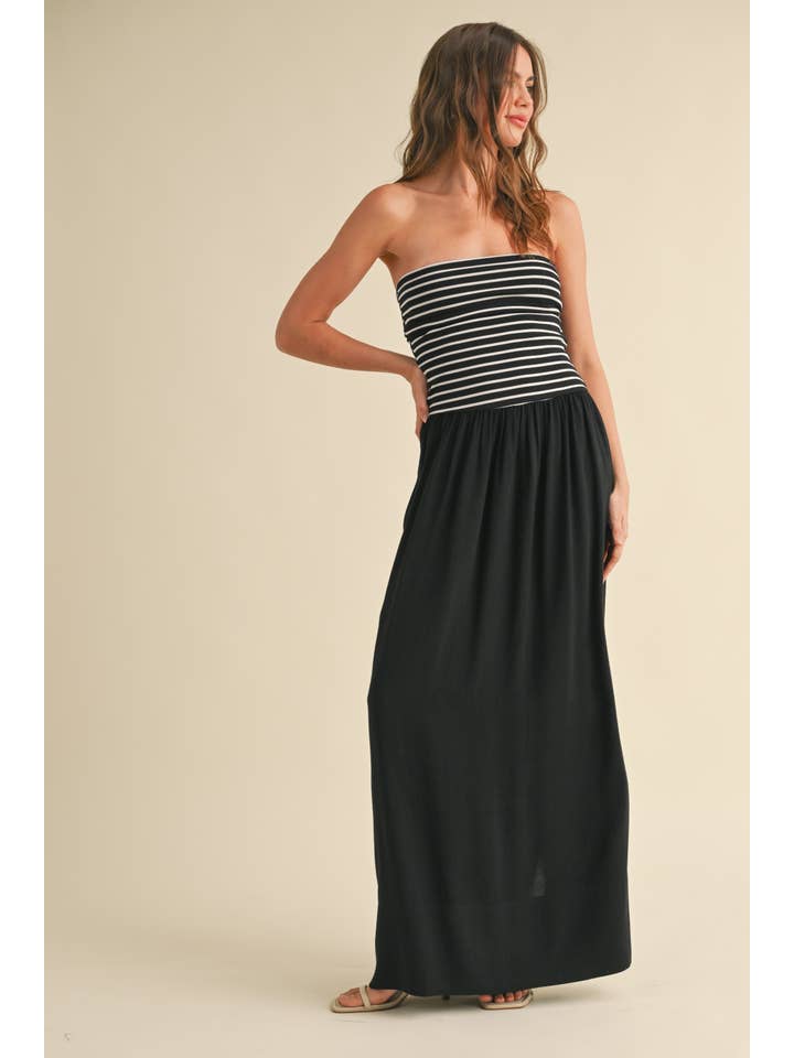 MIOU MUSE - Wholesale Dress - Women's - D4681 STRIPE RIBBED TOP WITH LINEN DRESS