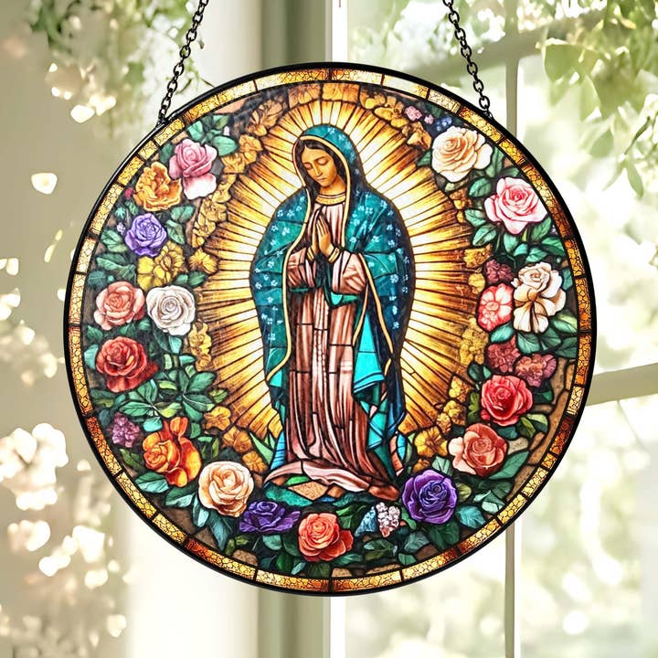 Virgin Mary Flower Stained Glass Suncatcher, Christian Decor for wholesale by TMLECOM LTD