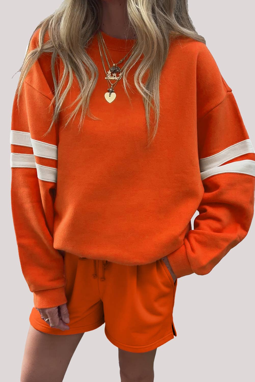 Babs + Birdie – wholesale Lounge set – Women's – Varsity Striped Sleeve Drop Shoulder Sweatshirt Short Set6