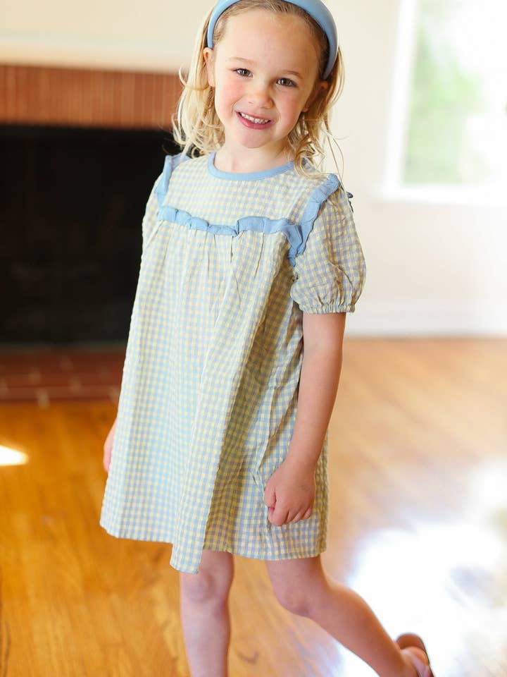 Promenade - Wholesale Dress - Kids - Kids Charming Blue Gingham Elastic Tie Sleeve Dress (Open Pack)